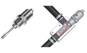Figure 1. Inline viscometer (left) and installed in a flowline adapter for inline applications.Figure 1. Inline viscometer (left) and installed in a flowline adapter for inline applications.