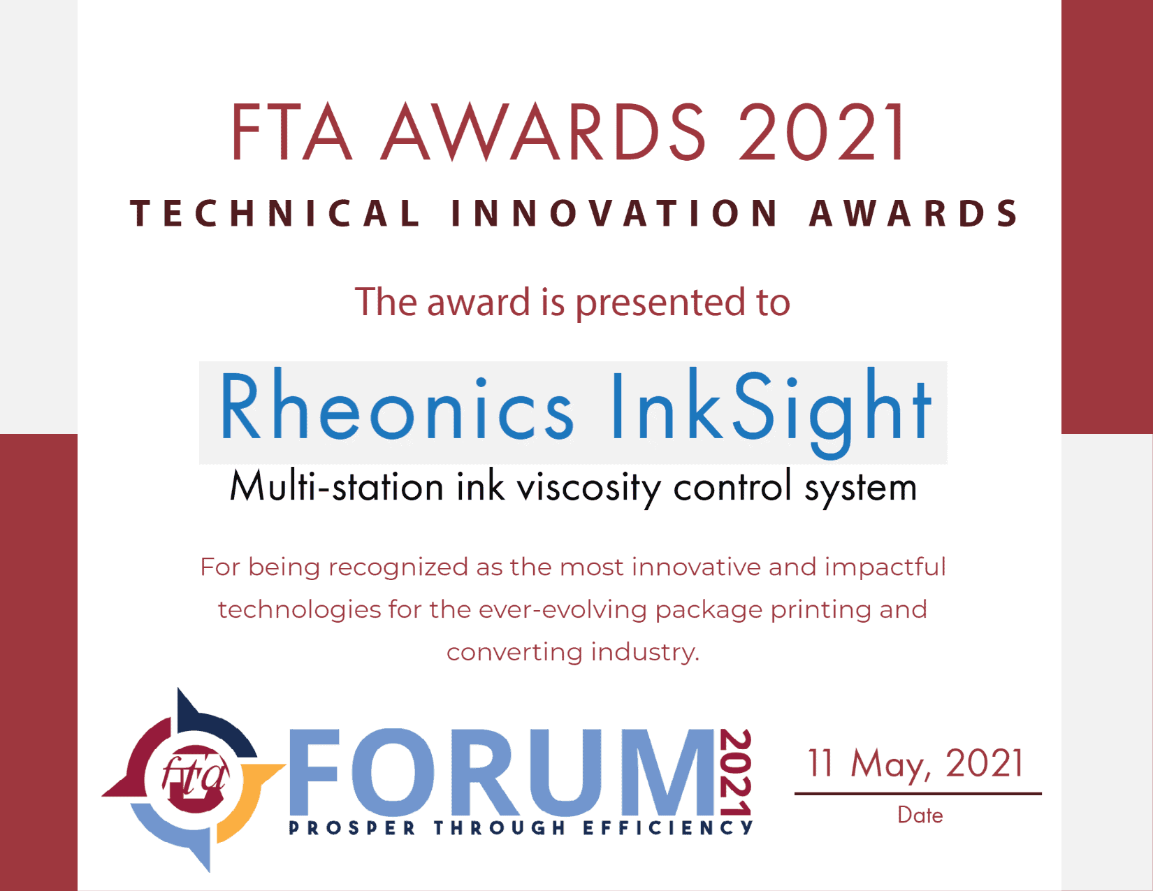 FTA Technical Innovation Awards - Rheonics InkSight - 2021