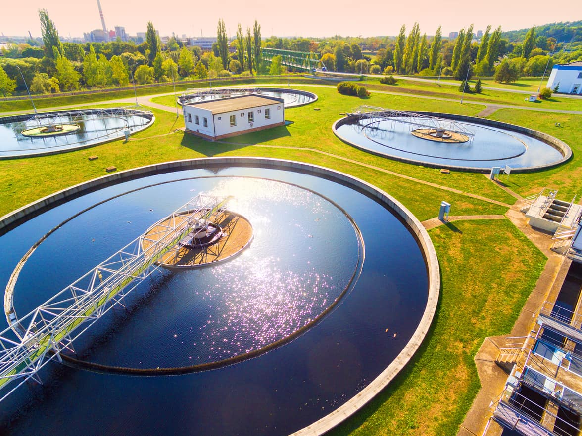 Aerial view to sewage treatment plant. Grey water recycling. Was