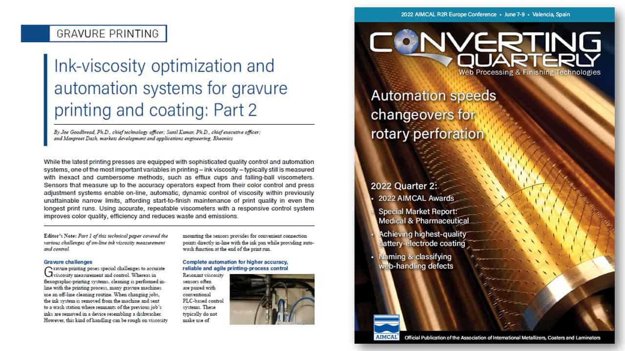 AIMCAL’s Converting Quarterly Magazine Q2 2022 features Rheonics Technology – “Ink viscosity optimization and automation – The key to quality, efficiency and sustainability in printing and coating”