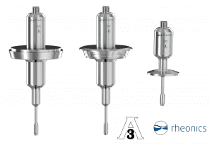 3-A certified hygienic process viscometer from Rheonics. 3-A certified long insertion Varinline and Milk connection probes, and flush viscometer Tri Clamp prob